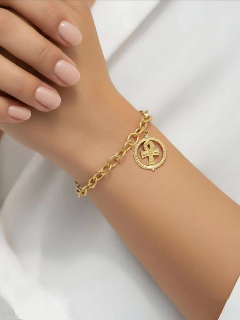 Judith Ripka Little Jewels 14K Over Silver White Topaz Ankh Charm Bracelet